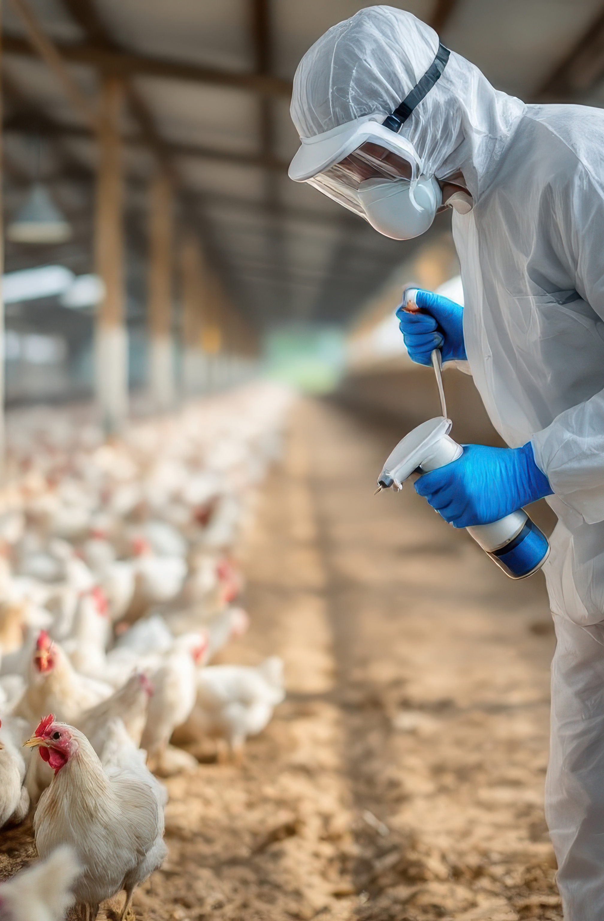 A worker in protective gear analyzes chickens in a poultry farm, ensuring health and safety protocols.